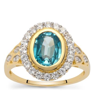 Blue Zircon Ring with White Zircon in 9K Gold 3.3.40cts