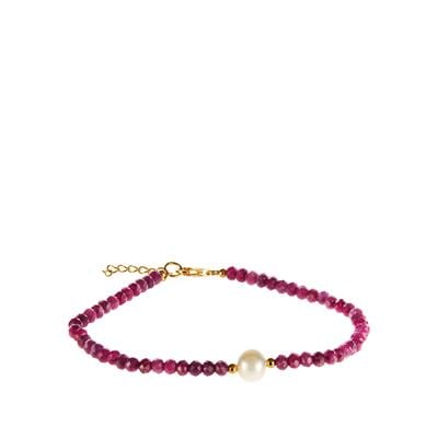 Natural African Ruby & Freshwater Cultured Pearl Gold Tone Sterling Silver Bracelet (8 x 7 mm)