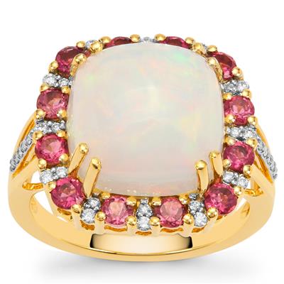Ethiopian Opal, Pink Tourmaline Ring with Diamond in 18K Gold 6.45cts