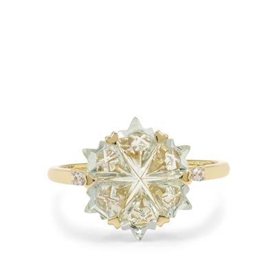 Wobito Snowflake Cut Prasiolite Ring with White Zircon in 9K Gold 4.30cts