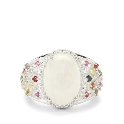 Rainbow Moonstone Ring With Multi-Colour, Ilakaka Hot Pink Sapphire in Sterling Silver 6.40cts