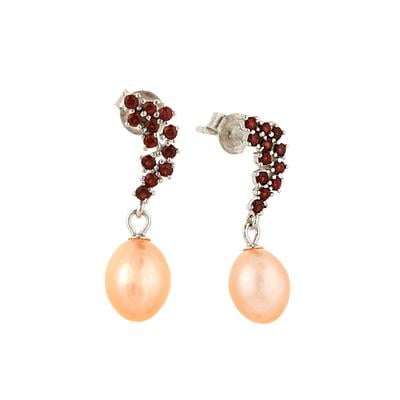 Naturally Papaya Freshwater Cultured Pearl Earrings with Rajasthan Garnet in Sterling Silver (7x9mm)