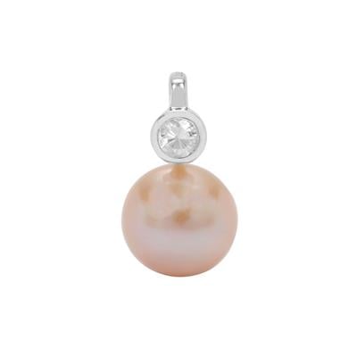 Pink Cultured Pearl Pendant with White Zircon in Sterling Silver (10mm)