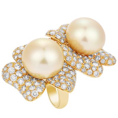 Giant Golden South Sea Pearl and Diamond Ring