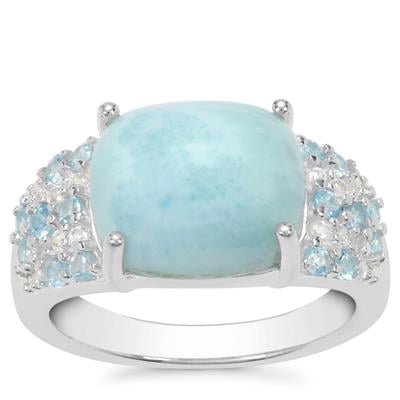 Larimar, Swiss Blue Topaz Ring with White Zircon in Sterling Silver 7.30cts