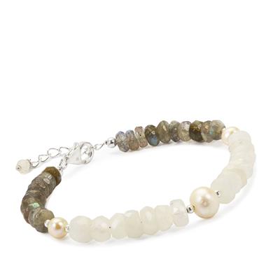 Freshwater Pearl, Rainbow Moonstone Bracelet with Labradorite in Sterling Silver (7 MM)