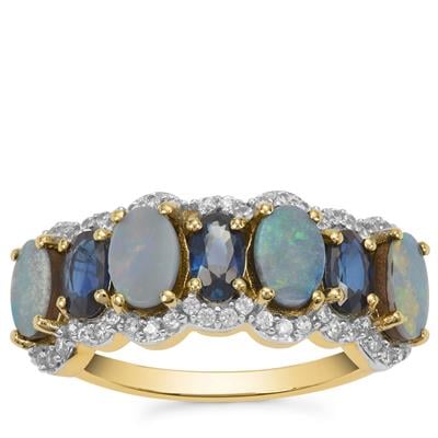 Crystal Opal on Ironstone, Australian Blue Sapphire Ring with White Zircon in 9K Gold 