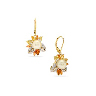 Golden South Sea Cultured Pearl Earrings with Multi Gemstones in Gold Plated Sterling Silver (8x8mm)
