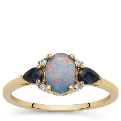 Crystal Opal on Ironstone, Australian Blue Sapphire Ring with White Zircon in 9K Gold