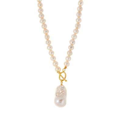 Baroque Fireball Freshwater Cultured Pearl Gold Tone Sterling Silver T-bar Necklace (7x6mm)