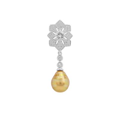 Golden South Sea Cultured Pearl Pendant with White Zircon in Sterling Silver (11mm x 8mm)