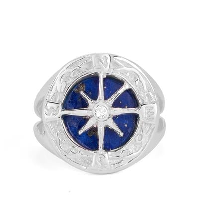 Sar-i-Sang Lapis Lazuli Wind Rose Ring with White Topaz in Sterling Silver 