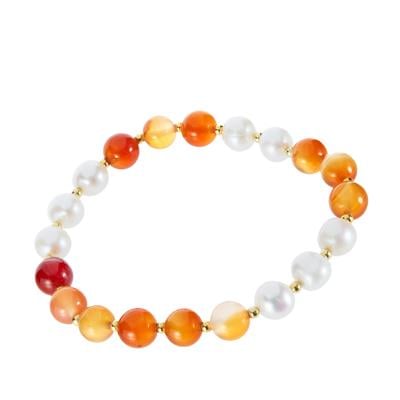 Freshwater Cultured Pearl Stretchable Bracelet with Agate in Gold Tone Sterling Silver 