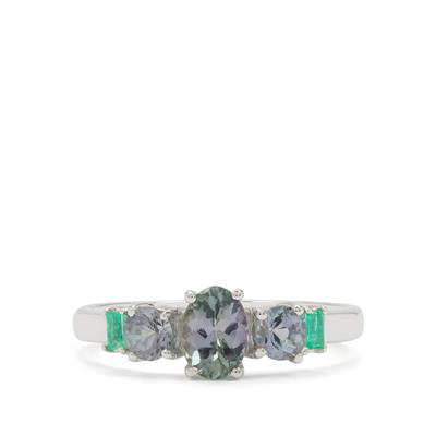 Bi Colour Tanzanite Ring with Colombian Emerald in Sterling Silver 1ct