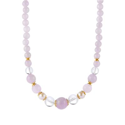 Kunzite, Optic Quartz Necklace with Kaori Cultured Pearl in Gold Tone Sterling Silver  