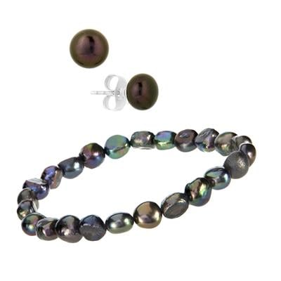 Baroque Freshwater Cultured Pearl with Black Freshwater Cultured Pearl Set of Earrings And Bracelet in Sterling Silver