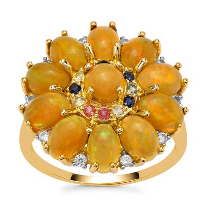 Ethiopian Dark Opal, Multi-Colour Sapphire Ring with White Zirconin 9K Gold 4.05cts