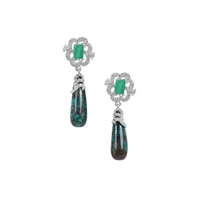 Chrysocolla, Sokoto Emerald Earrings with White Zircon in Sterling Silver 17.85cts