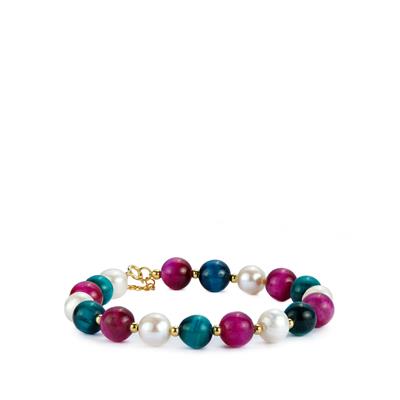 Multi-Colour Tiger's Eye Bracelet with Kaori Cultured Pearl in Gold Tone Sterling Silver