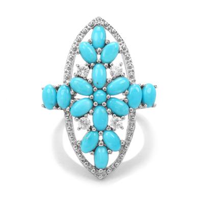 Sleeping Beauty Turquoise Ring with White Zircon in Platinum Plated Sterling Silver 3.69cts