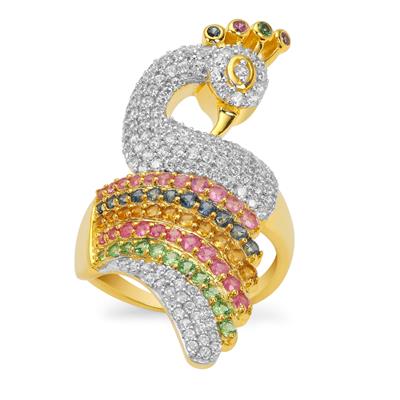Multi Sapphire Ring with White Zircon in Gold Plated Sterling Silver 2.65cts