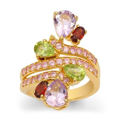 Rose du Maroc Amethyst Ring with Multi Gemstone in Gold Plated Sterling Silver 4.25cts