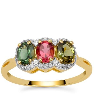 Congo Multi-Colour Tourmaline Ring with White Zircon in Gold Plated Sterling Silver 1.30cts
