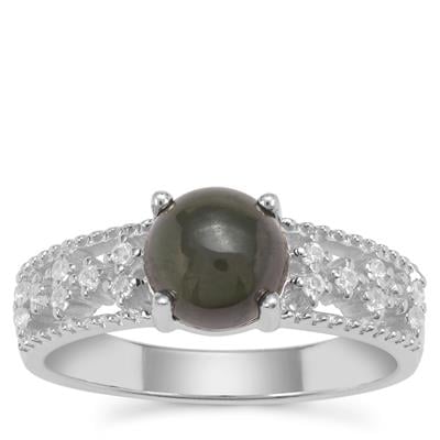 Cats Eye Enstatite Ring with White Zircon in Sterling Silver 2.10cts