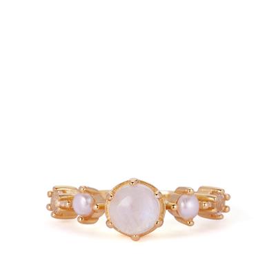 Rainbow Moonstone, White Topaz Ring with Kaori Cultured Pearl in Gold Tone Sterling Silver