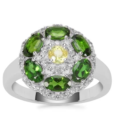 Chrome Diopside, Ambilobe Sphene Ring with White Zircon in Sterling Silver 1.90cts