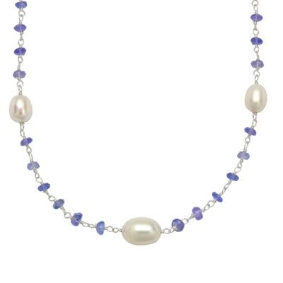 Kaori Freshwater Cultured Pearl Necklace with Tanzanite in Sterling Silver (9 to 12 MM)