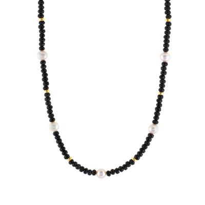 Black Agate Necklace with Freshwater Cultured Pearl in Gold Tone Sterling Silver (7.50 x 8mm)