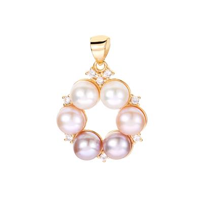 Ivory, Lavender & Orchid Pearl Pendant With White Zircon in Gold Tone Sterling Silver 