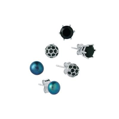 Black Spinel & Freshwater Cultured Pearl set of 3 Earrings in Sterling Silver