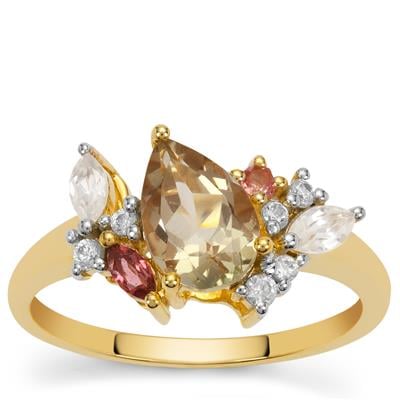 “The Jewel in the crown” Oregon Sunstone, Pink Tourmaline Ring with White Zircon in 9K Gold 1.85cts