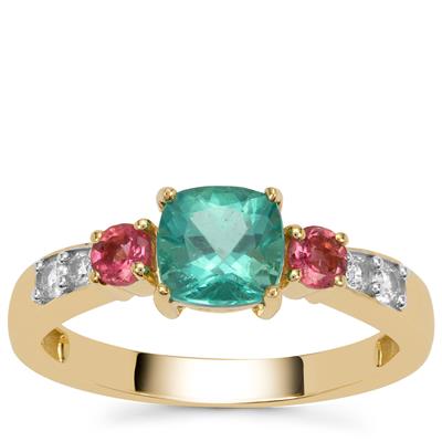Botli Green Apatite, Pink Tourmaline Ring with White Zircon in 9K Gold 1.35cts