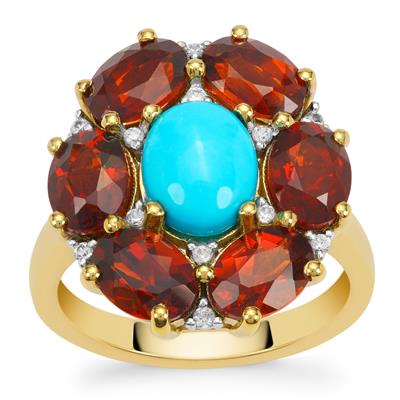 Sleeping Beauty Turquoise, Madeira Citrine Ring with White Zircon in Gold Plated Sterling Silver 6.10cts