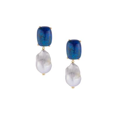 'The Grace' Chrysocolla Earrings with Baroque Cultured Pearl in Gold Tone Sterling Silver