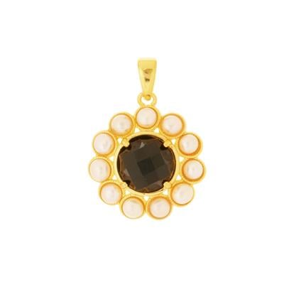 Black Agate Pendant with Freshwater Cultured Pearl  in Gold Tone Sterling Silver
