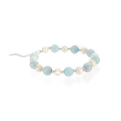 Freshwater Cultured Pearl with Aquamarine Bracelet in Sterling Silver