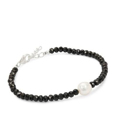 South Sea Cultured Pearl Bracelet with Black Spinel in Sterling Silver 