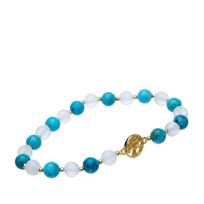 Hubei Turquoise Tree of Life Stretchable Bracelet with White Agate in Gold Tone Sterling Silver 35cts