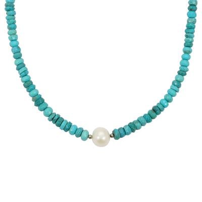 Freshwater Pearl Necklace with Sleeping Beauty Turquoise in Sterling Silver ( 8x10 MM)