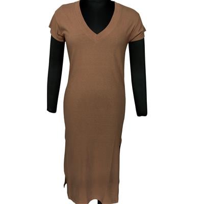 Destello Long V Neck Jersey Dress Brown 100% Cotton (Choice of 2 Sizes) (Multicolor)