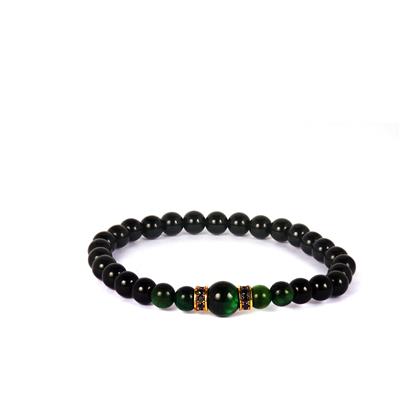'Protection, Success & Courage' Black Agate, Tiger's Eye & Black Spinel Gold Tone Sterling Silver Stretchable Bracelet ATGW 49cts