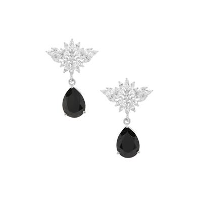 Black Spinel Earrings with White Zircon in Sterling Silver 11.20cts