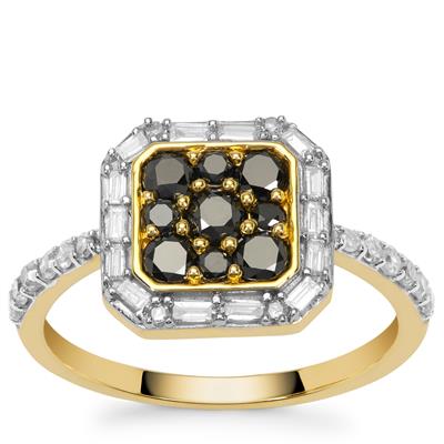 Black Diamonds Ring with White Diamonds in 9K Gold 1ct
