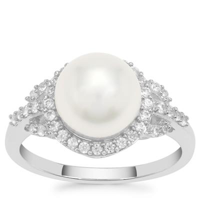 South Sea Cultured Pearl Ring with White Zircon in Sterling Silver (10mm)