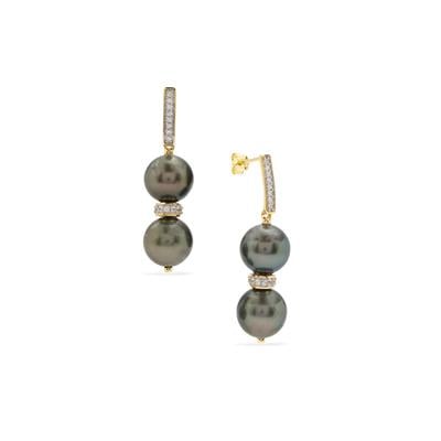 Tahitian Cultured Pearl Earrings with White Zircon in 9K Gold (11 MM)