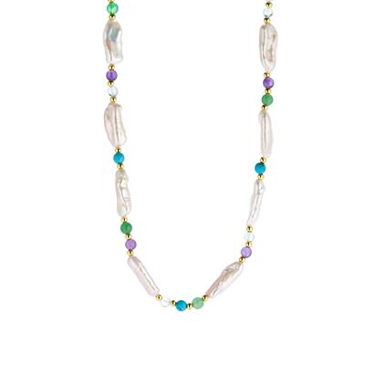 Biwa Freshwater Cultured Pearl & Multi Gemstone Necklace with in Gold Flash Sterling Silver (8x20mm)